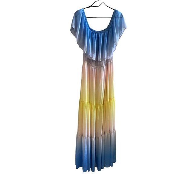Lillys Kloset Chiffon Multi Blue Yellow Hombre Flowy Beach Maxi Dress Size L - Picture 4 of 6